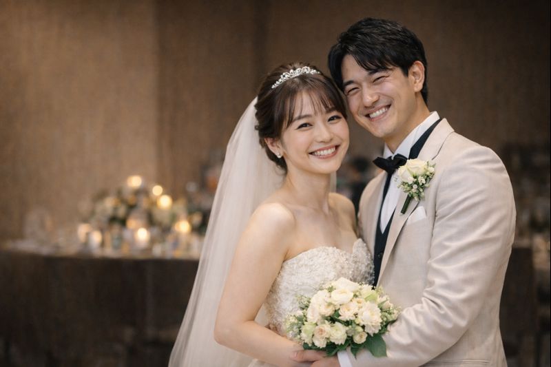 チャペルでの新郎新婦笑顔